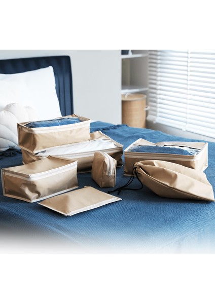 Premium 7'li Karamel Valiz Düzenleyici Bavul Içi Organizer Set Seyahat Hurcu