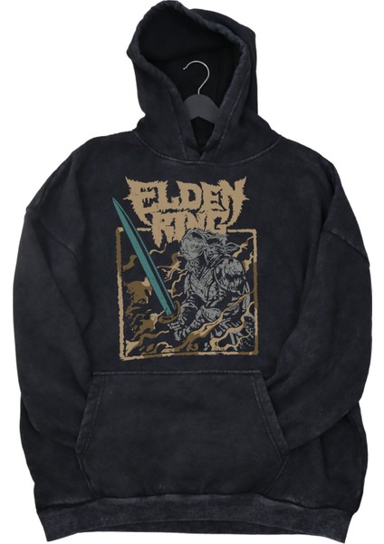 Unisex Elden Ring Baskılı Kapüşonlu Yıkamalı Sweatshirt, Oversize Oyun Baskılı Vintage Hoodie