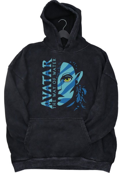 Unisex The Way Of The Water Baskılı Kapüşonlu Yıkamalı Sweatshirt, Oversize Avatar Retro Hoodie