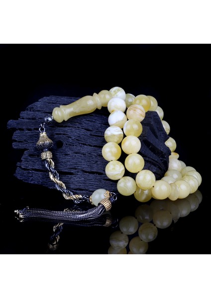 925 Ayar Çift Renk Gümüş Püsküllü 9.5 mm Damla Kehribar Tesbih