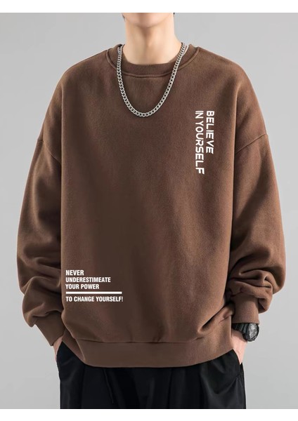 Erkek Believe Baskılı Oversize Bisiklet Yaka Sweatshirt