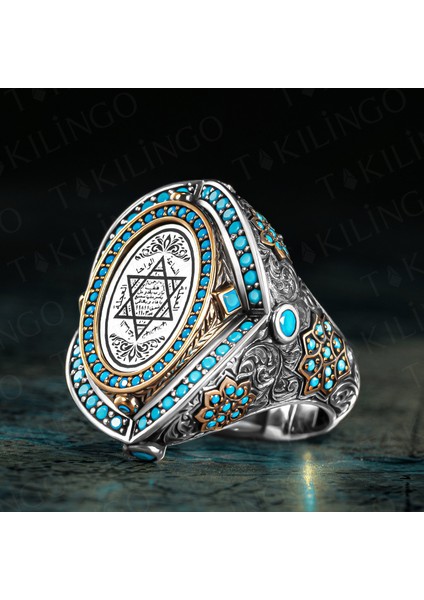 925 Ayar Gümüş Mührü Süleyman Işlemeli Turkuaz Taş Detaylı Usta Işi Erkek Yüzük