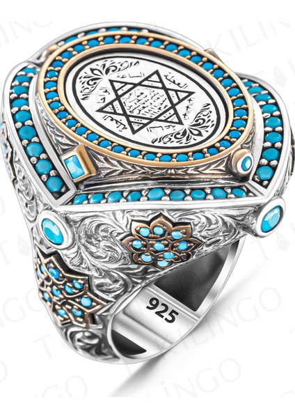 925 Ayar Gümüş Mührü Süleyman Işlemeli Turkuaz Taş Detaylı Usta Işi Erkek Yüzük fiyatları