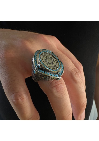 925 Ayar Gümüş Mührü Süleyman Işlemeli Turkuaz Taş Detaylı Usta Işi Erkek Yüzük modelleri