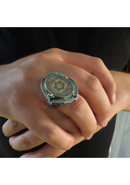 925 Ayar Gümüş Mührü Süleyman Işlemeli Turkuaz Taş Detaylı Usta Işi Erkek Yüzük fırsatları