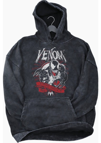 Unisex Venom Eddie Brock Baskılı Kapüşonlu Yıkamalı Sweatshirt, Oversize Marvel Karakter Hoodie