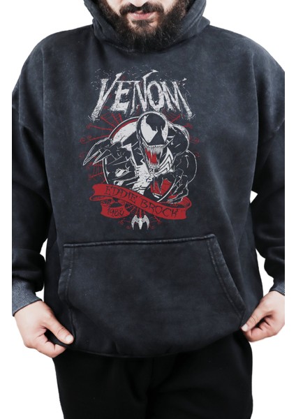 Unisex Venom Eddie Brock Baskılı Kapüşonlu Yıkamalı Sweatshirt, Oversize Marvel Karakter Hoodie modelleri