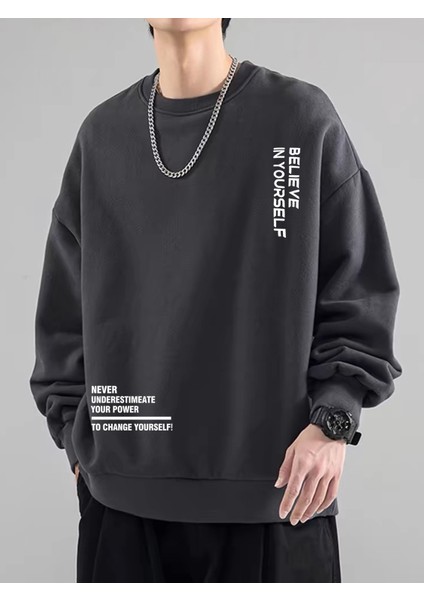 Erkek Believe Baskılı Oversize Bisiklet Yaka Sweatshirt