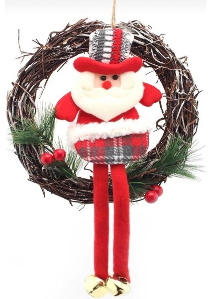 25 cm Hasır Çelenkli Peluş Noel Baba Figürlü 2024 Yılbaşı Kapı Süsü