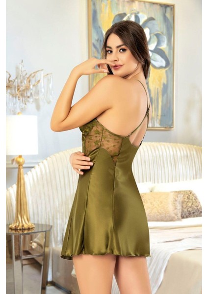 Saten Dantel Detaylı Gecelik Sabahlık Ikili Takım 2053 Haki Yeşili modelleri