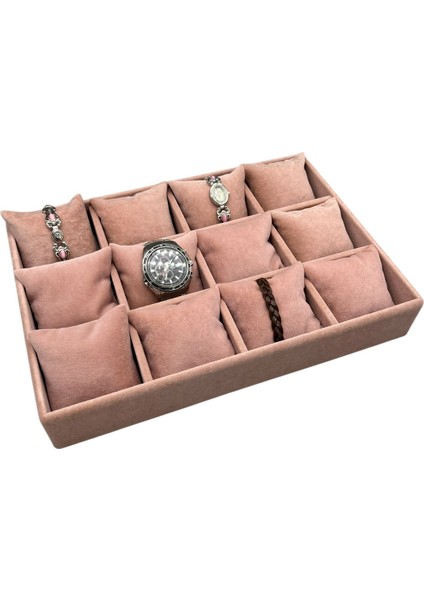 Yerli Üretim Süet Kumaş Pembe Renk 34/24 cm 12 Yastıklı Çekmece Içi Takı Kutusu