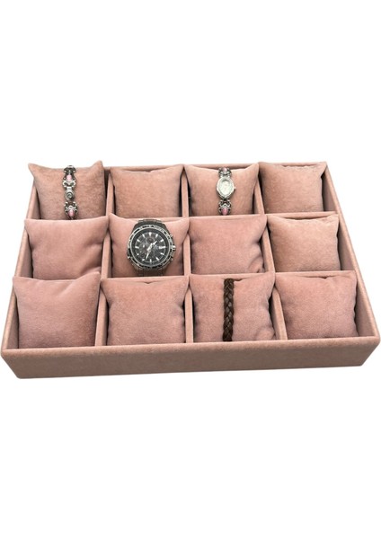 Yerli Üretim Süet Kumaş Pembe Renk 34/24 cm 12 Yastıklı Çekmece Içi Takı Kutusu modelleri