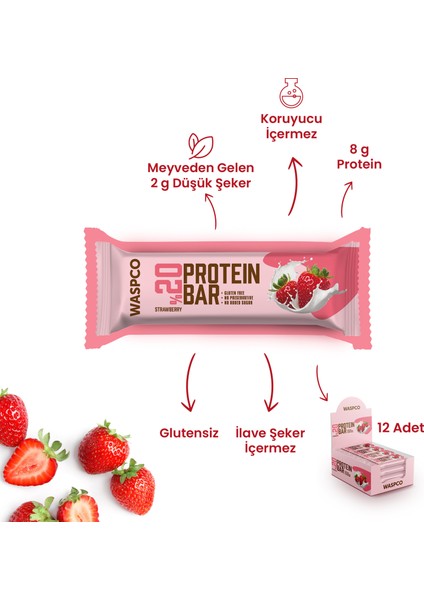 Çilekli Protein Bar 40g x 12 Adet