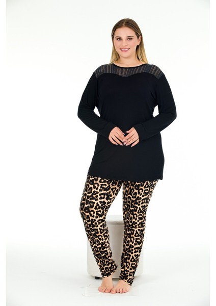 Leopar Taytlı Büyük Beden Uzun Kollu Pijama Takımı