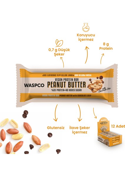 Fıstık Ezmeli Çikolata Parçalı Vegan Protein Bar 40G x 12 Adet