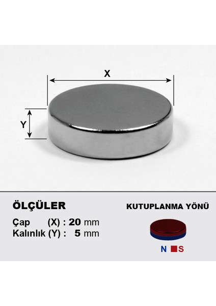 Neodyum Mıknatıs D20X5 ÇAP20MM Kalınlık 5mm 2 Adet Çok Güçlü Mıknatıs