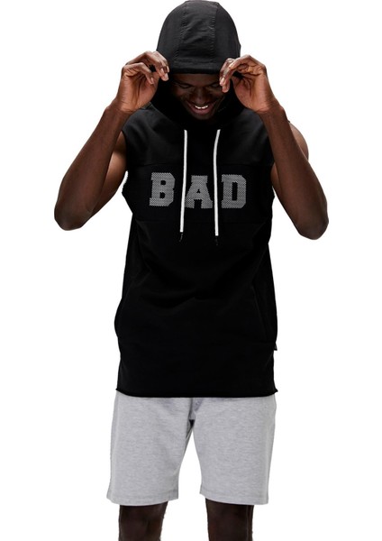 Bad Net Sleeveless Siyah Hoodie Sweatshirt