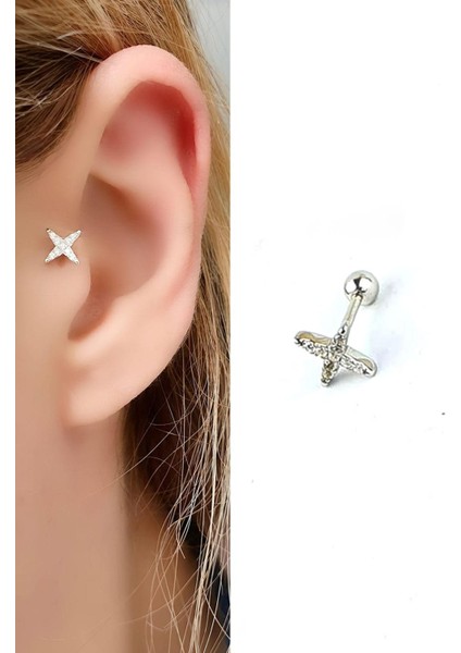 Zirkon Taş Detaylı Yıldız Figürlü 925AYAR Gümüş Tragus Helix Kikirdak Piercing