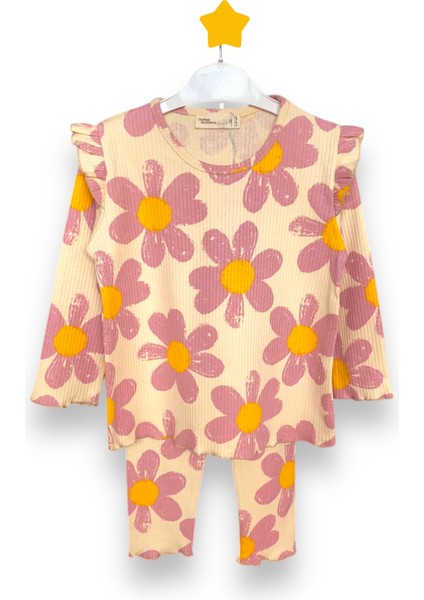 Fırfırlı Omuz Detaylı Çiçek Baskılı Kız Çocuk Taylı Takım