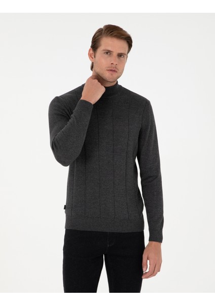 Erkek Antrasit Melanj Slim Fit Yarım Balıkçı Yaka Triko Kazak 50300460-VR081