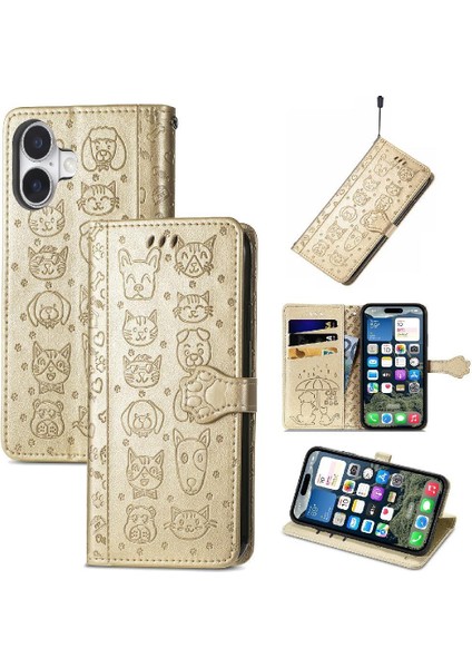 IPhone 16 Için Kılıf Kısa Kayış Deri Kılıf Kapak Kapak Karikatür Hayvanlar (Yurt Dışından)