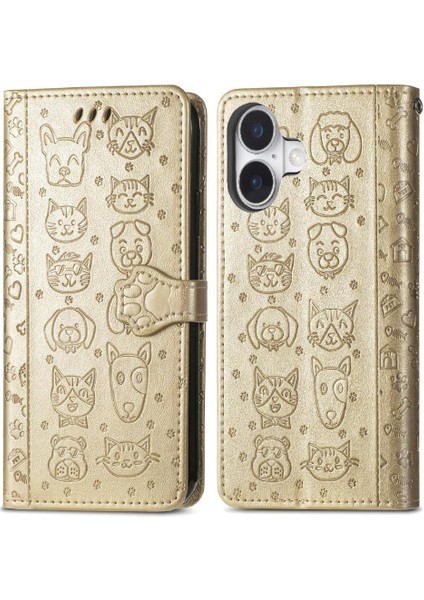 IPhone 16 Için Kılıf Kısa Kayış Deri Kılıf Kapak Kapak Karikatür Hayvanlar (Yurt Dışından)