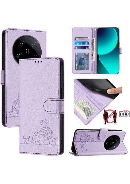 Xiaomi 14 Için Kılıf Ultra 5g Cüzdan Kapak Çevirin Kedi Rfıd Kart Yuvası Tutucu (Yurt Dışından)