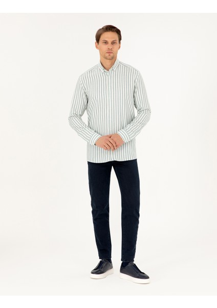 Erkek Yeşil Regular Fit Çizgili Uzun Kollu Gömlek 50295253-VR054