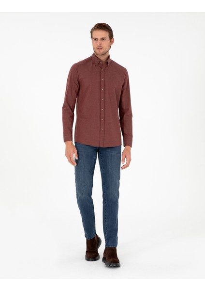 Erkek Kiremit Slim Fit Uzun Kollu Gömlek 50298570-VR031 fırsatları