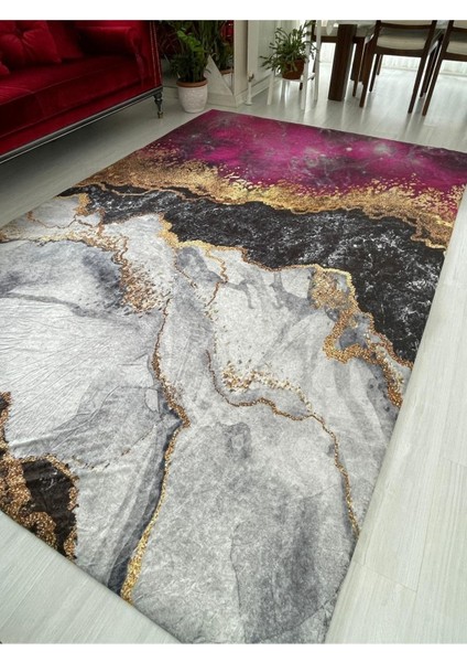 Carpet Cover Yeni Mor Mermer Model Lastikli Kadife Halı Örtüsü