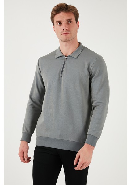 Pamuklu Regular Fit Yarım Fermuarlı Polo Yaka  Erkek Sweat 5905789