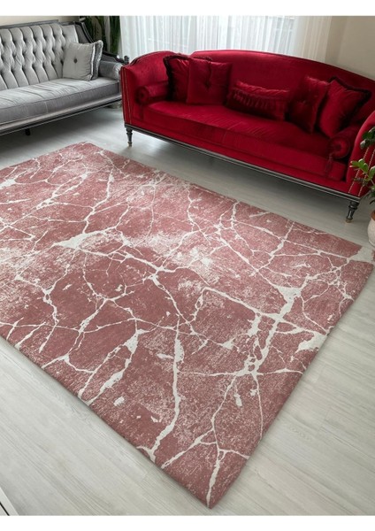 Carpet Cover Pembe Mermer Model Ipek Kadife Lastikli Halı Örtüsü