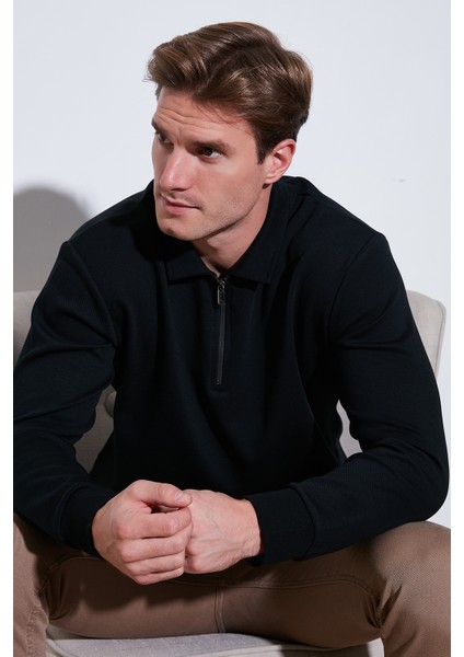 Pamuklu Regular Fit Yarım Fermuarlı Polo Yaka Erkek Sweat 5905789
