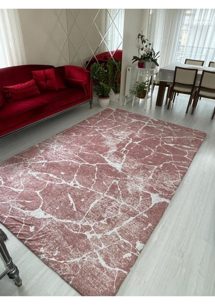 Carpet Cover Pembe Mermer Model Ipek Kadife Lastikli Halı Örtüsü