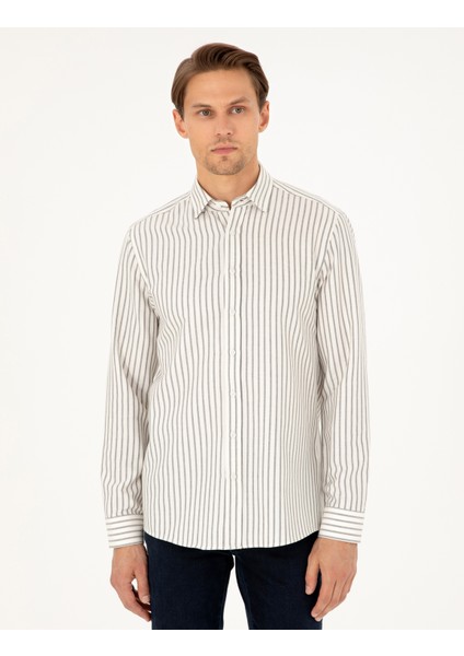 Erkek Lacivert Slim Fit Çizgili Uzun Kollu Gömlek 50292261-VR033