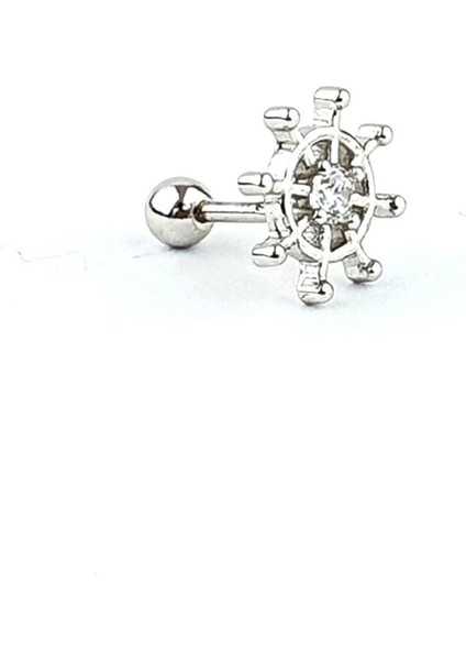 Zirkon Taş Detaylı Dümen Figürlü 925 Ayar Gümüş Tek Erkek Küpe Piercing