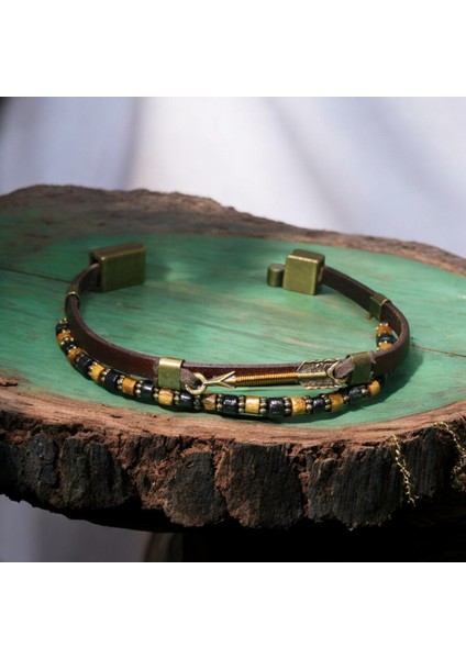 Kahverengi Deri ve Ahşap Boncuklu Bileklik - Ok Figürüyle Şıklık, Metal Mıknatıs Kapama fiyatları