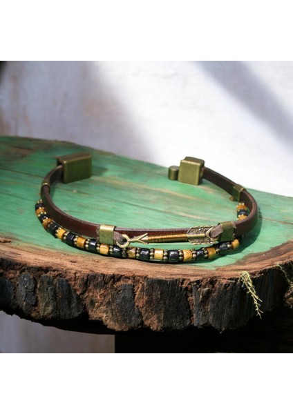 Kahverengi Deri ve Ahşap Boncuklu Bileklik - Ok Figürüyle Şıklık, Metal Mıknatıs Kapama modelleri
