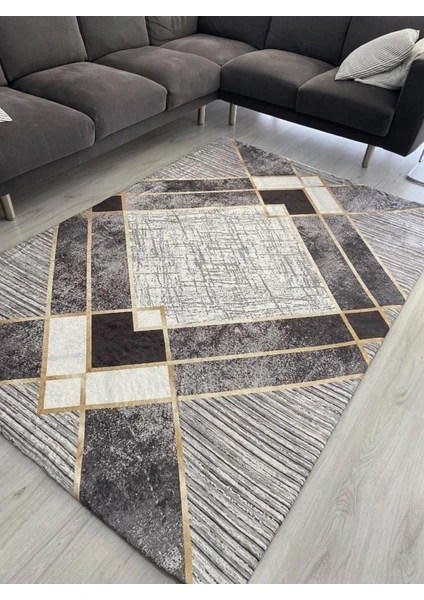 Carpet Cover Siyah Gri Gold Şerit Model Lastikli Kadife Halı Örtüsü