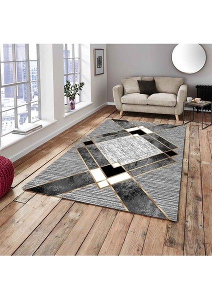 Carpet Cover Siyah Gri Gold Şerit Model Lastikli Kadife Halı Örtüsü