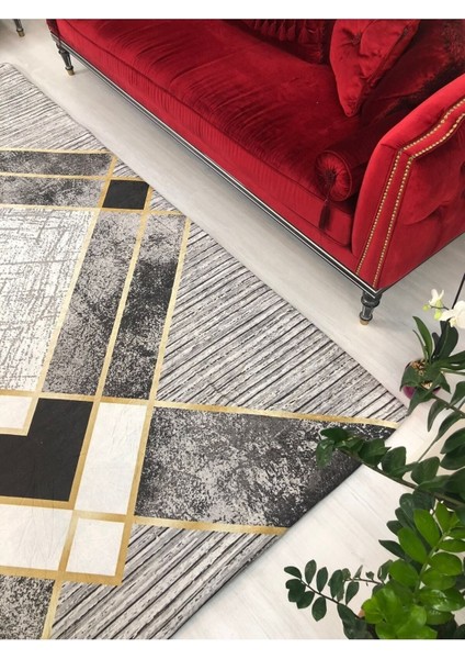 Carpet Cover Siyah Gri Gold Şerit Model Lastikli Kadife Halı Örtüsü