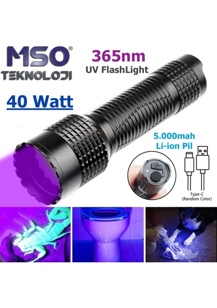 Profesyonel 40Watt UV 365nm Değerli Taş Tespit Type-C Led Fener