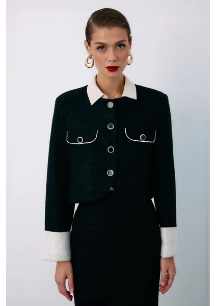 1549-6525 Siyah Kadın Kontrast Kısa Tüvit Ceket
