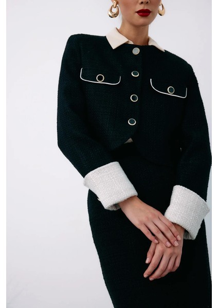 1549-6525 Siyah Kadın Kontrast Kısa Tüvit Ceket fiyatları