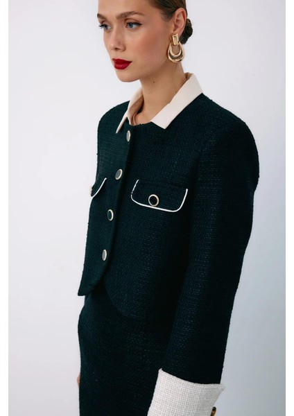 1549-6525 Siyah Kadın Kontrast Kısa Tüvit Ceket modelleri