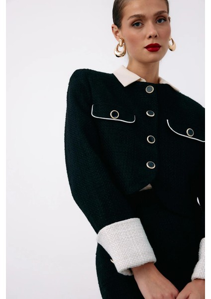 1549-6525 Siyah Kadın Kontrast Kısa Tüvit Ceket indirimleri