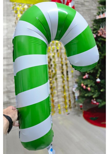 Büyük Yeşil Beyaz Baston Şeker Folyo Balon Yılbaşı Süslemesi Büyük Baston Şeker Balon 90CM modelleri