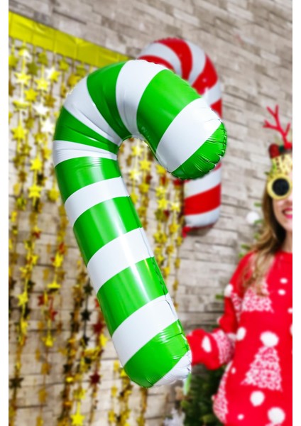 Büyük Yeşil Beyaz Baston Şeker Folyo Balon Yılbaşı Süslemesi Büyük Baston Şeker Balon 90CM fırsatları