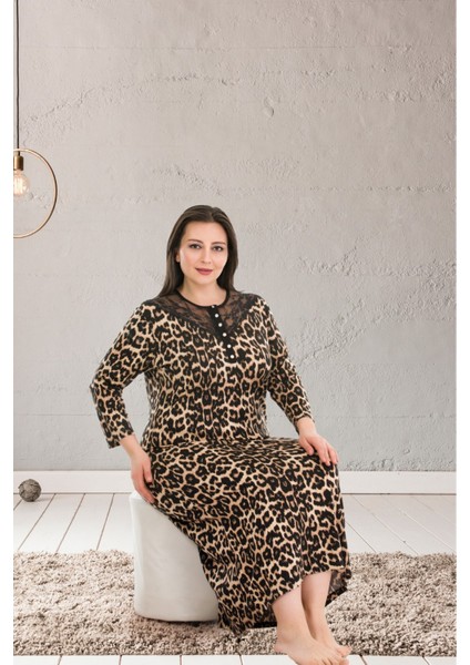 Leopar Desen Uzun Kollu Elbise