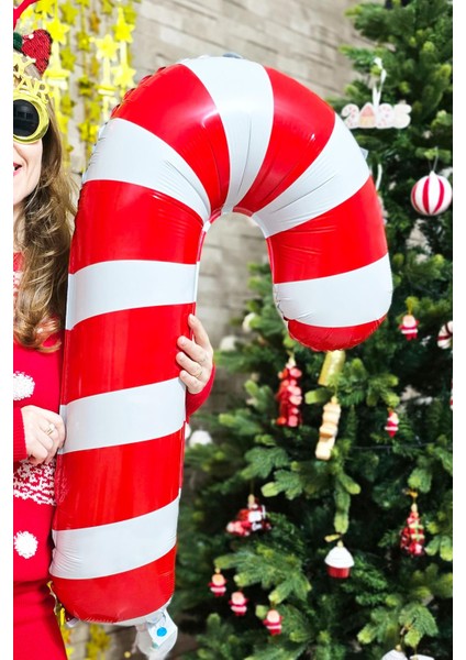 Büyük Kırmızı Beyaz Baston Şeker Folyo Balon Yılbaşı Süslemesi Büyük Baston Şeker Balon 90CM